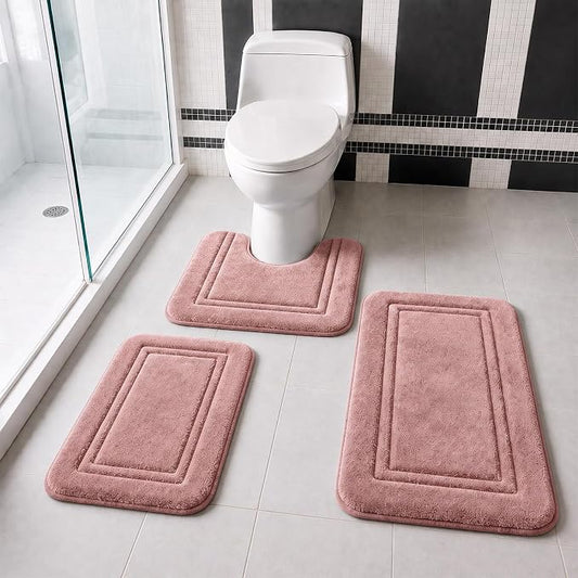 3 Piece Bath Rug Set Memory Foam Non-Slip, Bordered Toilet Rug, Dusty Pink | Blush & Boho Decor — Soft Dusty Pink bath mats, absorbent and washable, with a U-shaped toilet mat.