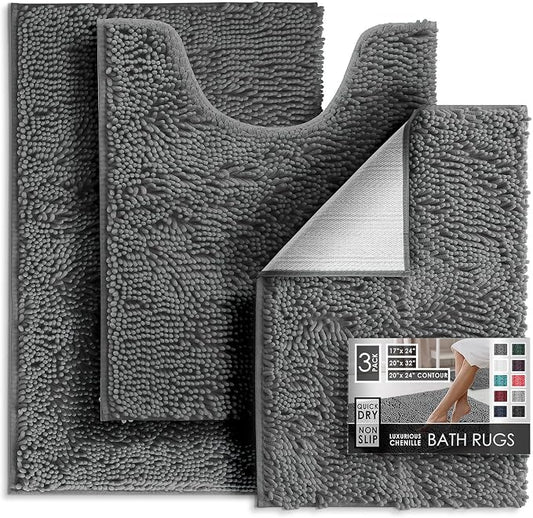 Hearth & Harbor Bathroom Rugs, Chenille Bath Mat - Machine Washable Bath Mats for Bathroom Non-Slip Backing Rubber, Quick Dry Mat - Grey Bath Rug, 17x24-20x32-20x24