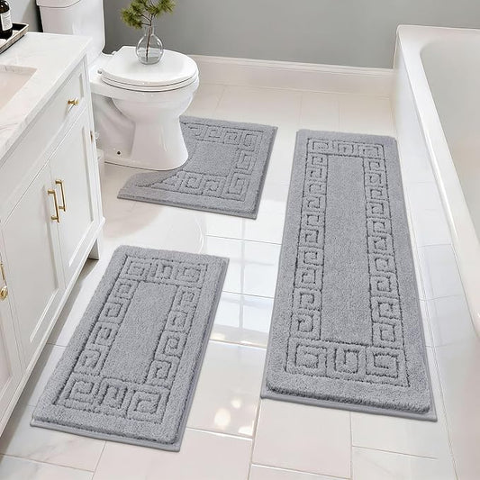 Pauwer Bathroom Rugs Sets 3 Piece, Plush Absorbent Bath Rug, Light Grey | Microfiber Bath Mat Set, Non Slip Washable, Quick Dry Floor Carprt, Soft U Shaped Toilet Mats For Bathroom Shower Sink