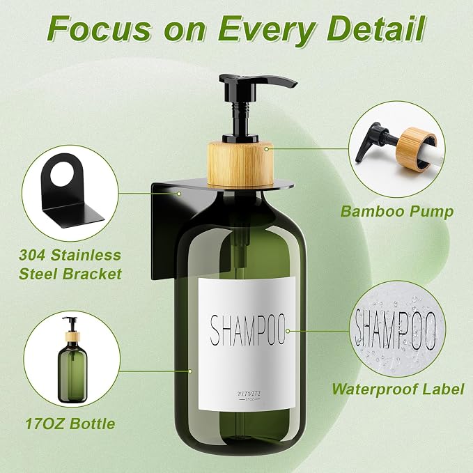 VITVITI Shampoo and Conditioner Dispenser 3 Chamber Shower Wall, Dark Green | Refillable Body Wash Shower Soap Dispenser Wall Mounted, Drill Free 17oz Plastic Shower Bottles for Bathroom, 3 Sets