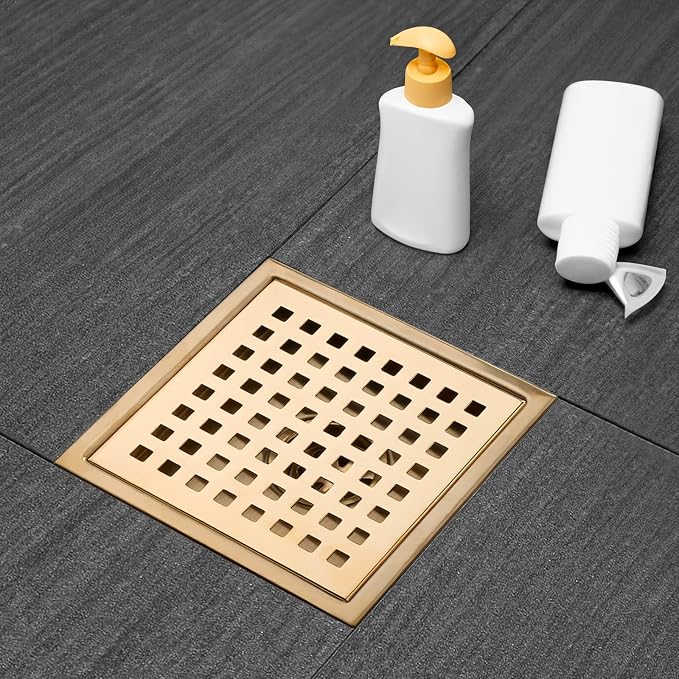 Square Shower Drain, Gold Shower Drain 6 inch with Flange and Removeable Grate Cover, AISI 304 Stainless Steel Gold Shower Floor Drain with Hair Catcher and Flange