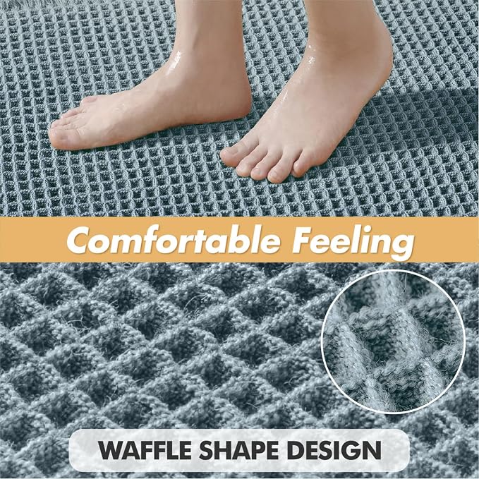MIULEE Set of 2 Waffle Bathroom Rugs Dusty Blue Bath Mat 17"x24"+18"x30" | Non Slip, Super Absorbent, Washable, Ultra Soft, Rubber Backed, Small Boho Bath Rugs for Bathroom Floor Tub Shower
