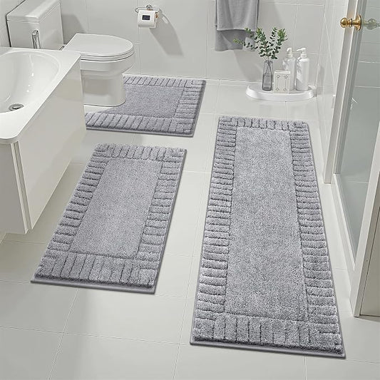 Pauwer Bathroom Rugs Sets 3 Piece, Microfiber Bath Mat Set, Light Grey | Non Slip Washable, Soft Plush, Extra Absorbent Bath Mats, U Shaped Contour Toilet Rug for Bathroom