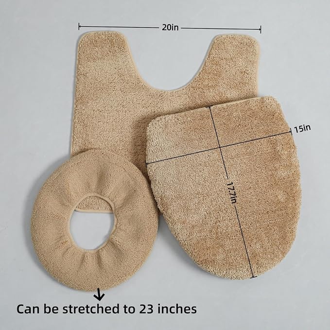 3piece Toilet Seat Cover Set - Toilet Seat Cover +Toilet Lid Cover + toilet rugs u shaped washable, Fits Most Elongated Round and Oblong Toilet(Machine Washable,Quick-Dry) brown