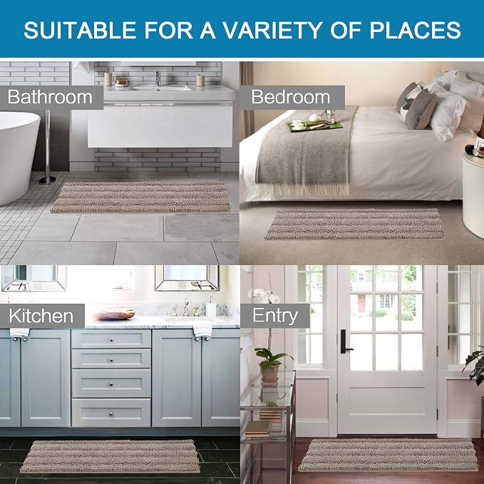 H.VERSAILTEX Bath Rugs for Bathroom Non Slip Bath Mats Extra Thick Chenille Striped Bath Rug Runners 47" x 17" Absorbent Fluffy Soft Shaggy Mats Dry Fast Plush Area Carpet for Bath Room - Taupe