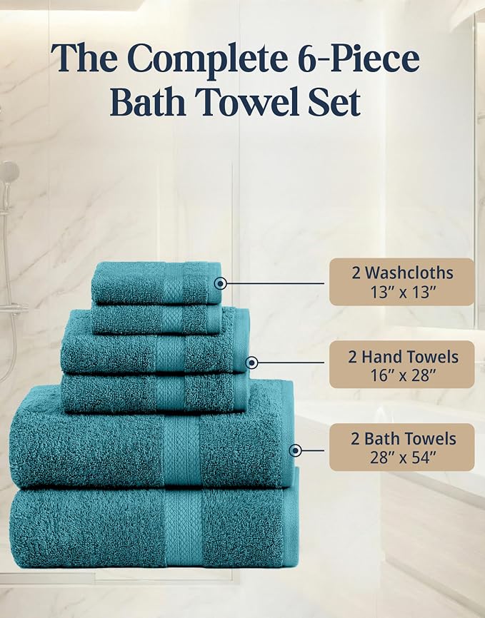 LANE LINEN Bath Towel Set 100% Cotton 6 Piece Soft Absorbent - Sea Port | Towel Set Of 6 - Ring-Spun Cotton, Terry Weave Comfort, Long-Lasting Comfort, Hotel-Style Look, Gets Softer With Every Wash