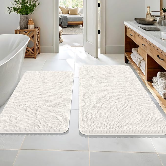 OLANLY Chenille Bathroom Rugs Mats Sets 2 Piece, 36"x24"+30"x20", Ivory | Ultra Soft Absorbent Bath Rugs Set, Rubber Backing Non-Slip, Quick Dry, Machine Washable Bath Carpet, Home Decor Accessories