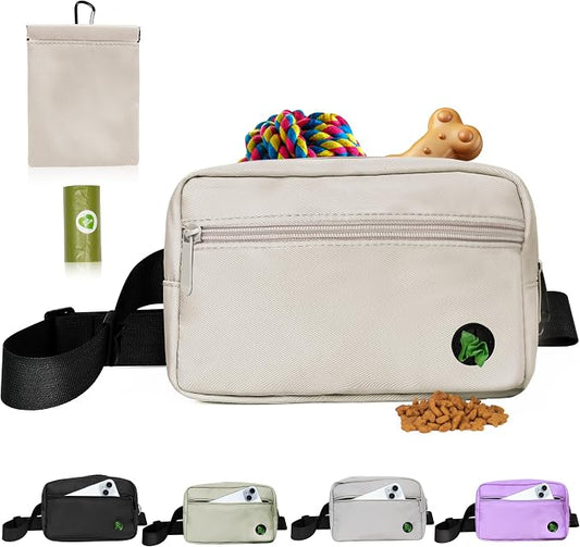 Puppy Dog Treat Pouches for Pet Training Treat Bag, Dog Walking Fanny Pack with Carabiner, Built-in Poop Bag Dispenser & Reuse Dog Poop Holder, Puppy Pet Treat Waist Belt (Cream)