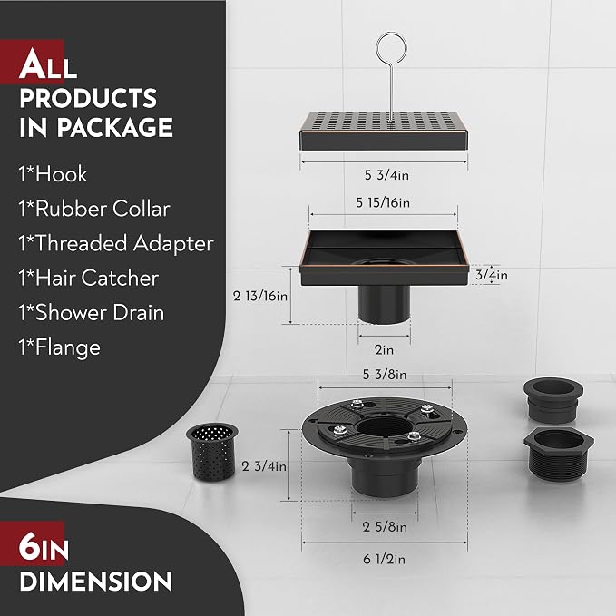 WEBANG 6 Inch Square Shower Drain Bronze Floor Drain with Flange Square Holes Pattern Cover Grate Removable SUS304 Stainless Steel Watermark&CUPC Certified Oil Rubbed Bronze
