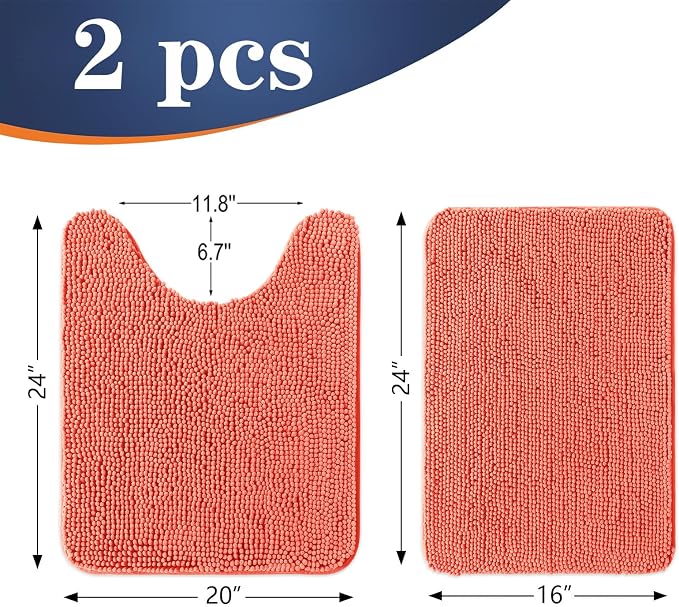 OLANLY Chenille Bathroom Rugs Mats Sets 2 Piece, 24"x16"+24"x20", Coral | Soft Absorbent Bath Mat and U-Shaped Contour Toilet Rug Set, Quick Dry, Machine Washable Bath Carpet, Home Decor Accessories