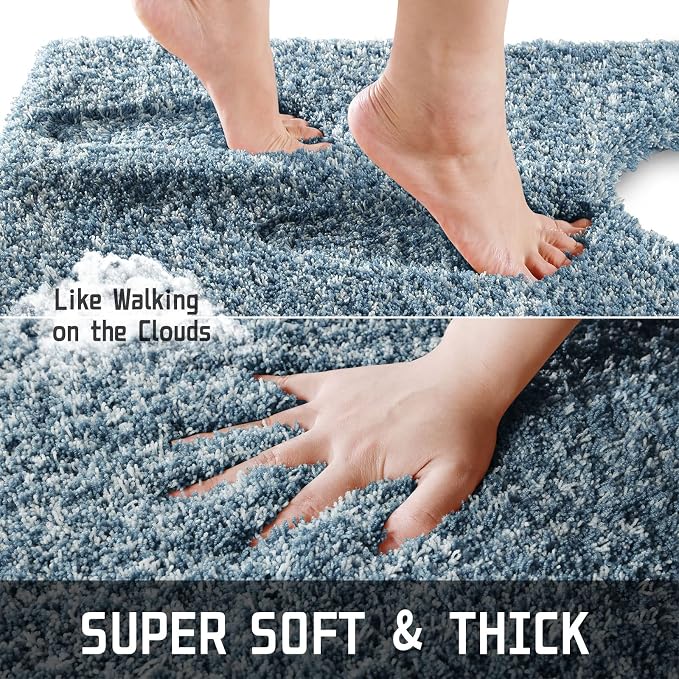 Yimobra Fluffy Bathroom Toilet Rug Set, 32x20+24x20, Denim Blue and White | Soft Absorbent Microfiber Bath Mat Set, Non Slip, Machine Washable Quick Dry, Plush Shaggy Shower Rugs for Bathroom Floor