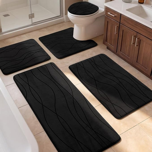 Bathroom Rugs Set 5 Piece, Memory Foam Bath Mat Black | Ultra Soft, Absorbent, Non-Slip, Machine Washable, for Bathroom, Sink and Toilet