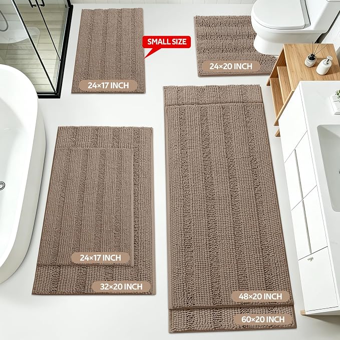 ACCUMTEK Striped Dark Beige Bathroom Rug Mat Set 2 piece 32"x20"+60"x20" Ultra Soft, Non Slip Chenille Bath Rugs, Absorbent Plush Shaggy Bath Mats for Bathroom, Bedroom, Kitchen, Shower, Tub,Taupe