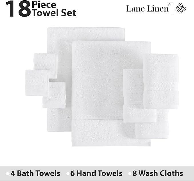 LANE LINEN Bath Towel Set 100% Cotton 18 Piece Soft Absorbent - White | Shower Towels - Generously Sized, Oversized & Roomy, Lightweight & Breathable, Fade-Resistant Color, Classic Terry Weave