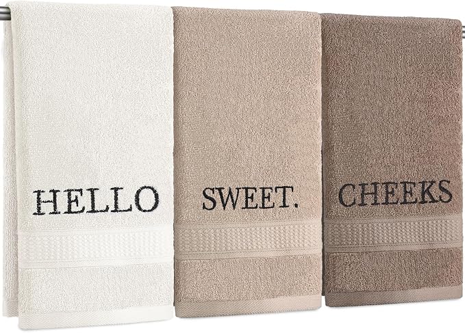 3 Pcs Hand Towels Bathroom Set,Brown,Hello Sweet Cheeks | Embroidered Cotton Farmhouse Towels, Kitchen Decor, Rustic Boho Decorative with Text Labels, Guest Bath Home