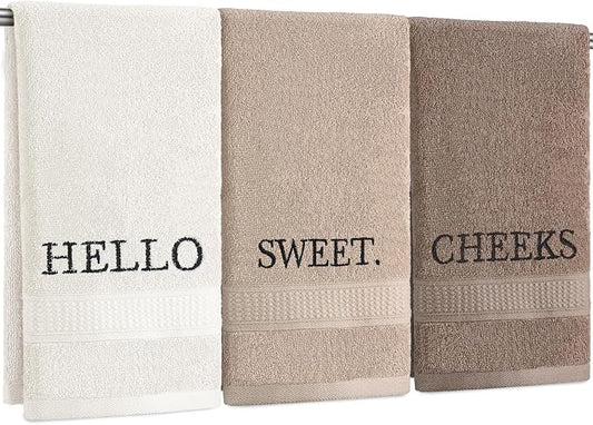 3 Pcs Hand Towels Bathroom Set,Brown,Hello Sweet Cheeks | Embroidered Cotton Farmhouse Towels, Kitchen Decor, Rustic Boho Decorative with Text Labels, Guest Bath Home