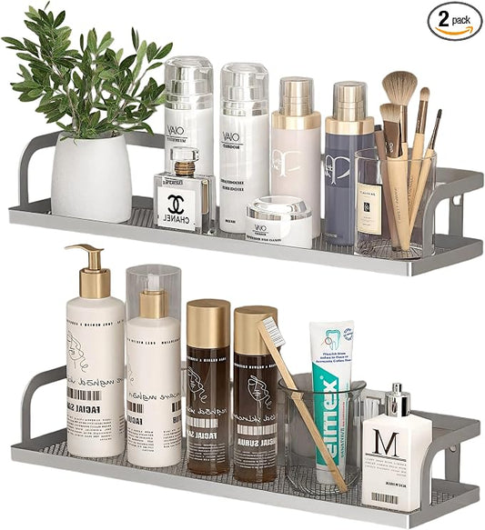 PUSDON 2-Pack 16.5" Extra Long Slim Hollowout Shower Caddy, Wall Mount Spice Rack & Bathroom Organizer, Mesh Bottom Cabinet Door Shelf Holds 50LBS - Silver Gray, Hollowout