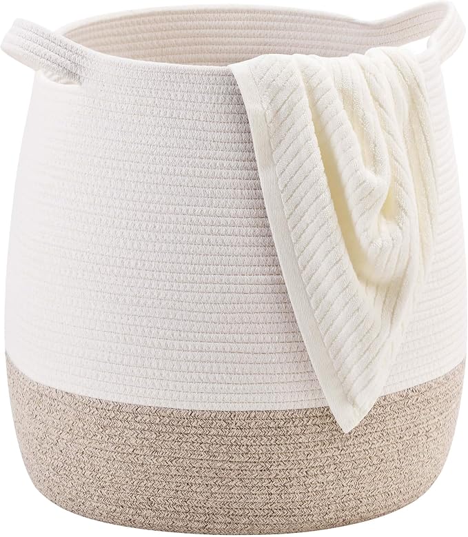 MINTWOOD Design Large 17 x 17 Inches Decorative Woven Cotton Rope Blanket Basket for Living Room, Laundry Basket Hamper, Storage Baskets with Handles for Toys, Throws, Pillows, Towels, Shoes, Brown