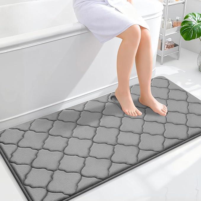 OLANLY Memory Foam Bath Mat Rug 47x24, Ultra Soft and Absorbent Bathroom Rugs, Non-Slip, Comfortable, Machine Washable Bath Carpet for Bathroom Floor, Tub, Shower and Home Decor Accessories, Grey | Thick Absorbent Carpet, Non-Slip Backing, Machine Wash...