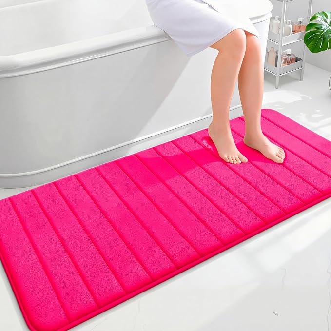 OLANLY Memory Foam Long Bathroom Rugs Runner 59x24, Super Soft Absorbent | Hot Pink, Quick Dry Bath Mat, Machine Washable Shower Floor Rugs, Bathmat Carpet for Bathroom Floor, Tub and Shower