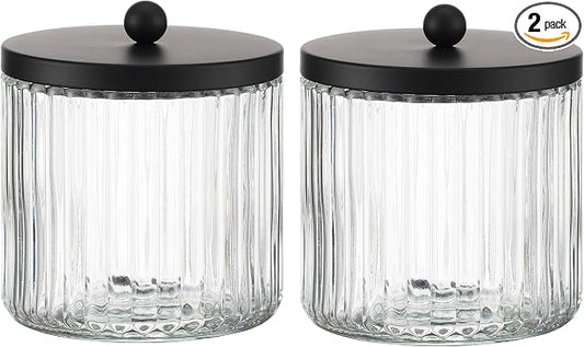 2-Pack Glass Qtip Holder Dispenser Set - Bathroom Canister Storage Organizer for Cotton Balls, Swabs, Floss Picks, and Makeup Sponges with Matte Black Metal Lid - Clear Vanity Apothecary Jars