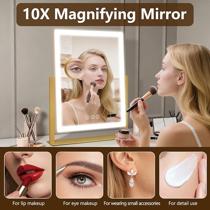 Kotdning Vanity Mirror with Lights, 16.7"×13.2" LED Makeup Mirror, Lighted Makeup Mirror with Lights, Smart Touch Control Dimmable 3 Modes Light, Lighted Up Mirror for Bedroom & Dorm, Gold