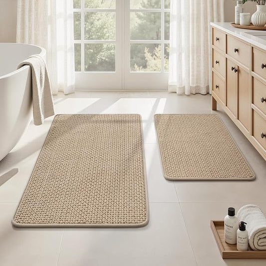 HOMEIDEAS Bathroom Rugs Set 2 Piece Thin Non Slip, Beige 17"x24"+20"x32" | Quick Dry Absorbence Bath Mats, Soft Chenille, Low Profile Fits Under Doors, Ideal for Bathtub, Shower, Elderly and Pets