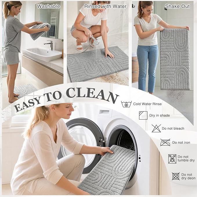Homcomoda Bathroom Rugs Sets 3 Piece, Soft Absorbent Microfiber Bath Mats and U-Shaped Contour Toilet Rug, Non Slip Bath Rugs Machine Washable Shaggy Bath Room Floor Mats, Grey