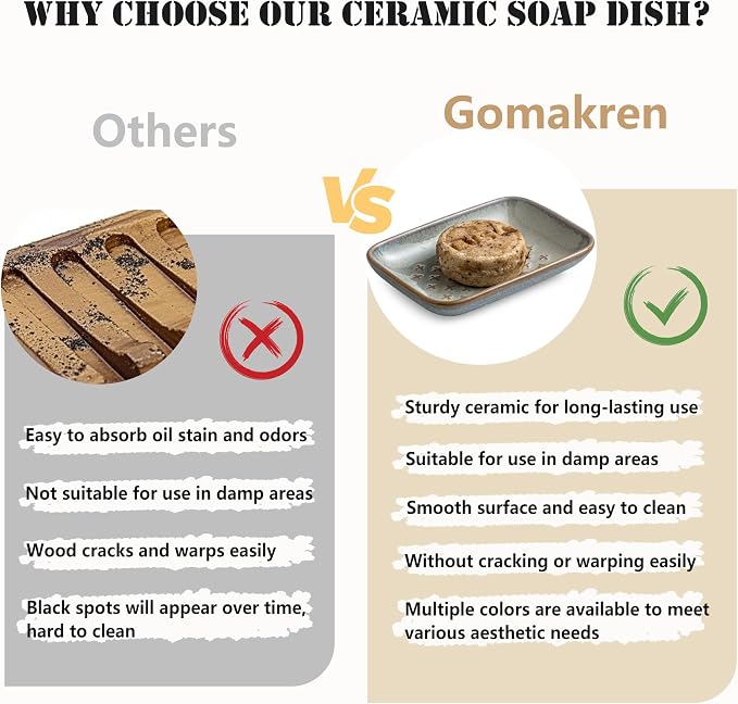 Gomakren Ceramic Soap Dish for Bar Soap 5.5in Cross Soap Saver Tray, Gray | Prevents soggy soap, non-slip bottom, easy to clean, bathroom soap holder, multi-use for sink shower, sponge butter & jewelry