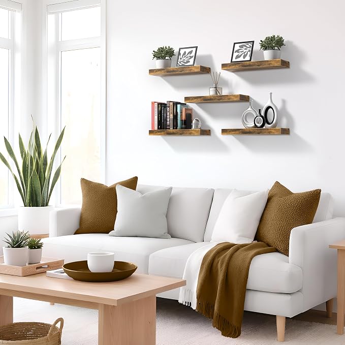 Sorbus Floating Shelves for Wall – 16 Inch Floating Shelf for Kitchen, Bedroom, Living Room, Bathroom, Home & Wall Decor - Mounted Bathroom Shelves with Invisible Brackets (Rustic Brown, 3 Pack)