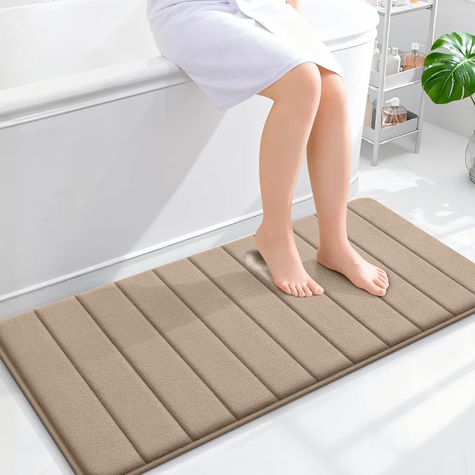OLANLY Memory Foam Long Bathroom Rugs Runner 44x20, Super Soft Absorbent | Tan, Quick Dry Bath Mat, Machine Washable Shower Floor Rugs, Bathmat Carpet for Bathroom Floor, Tub and Shower