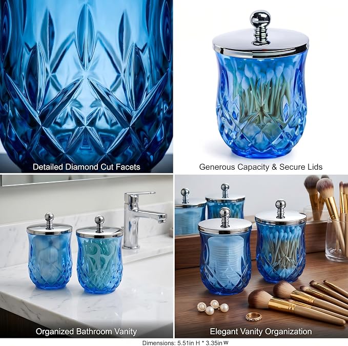 2 Pack Glass Qtip Holder Dispenser Set, Round Bathroom Apothecary Jars with Silver Lid for Cotton Swabs, Balls, Pads, Floss Picks, Vanity Storage Container for Makeup, Candy, Jewelry(10 Oz, Blue)
