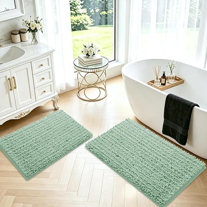 ACCUMTEK Upgrade Luxury 2 Piece Sage Green Toilet Bathroom Rug Mat 32"x20"+24"x17", Ultra Soft Thick Absorbent Bath Mats, Non Slip Chenille Toilet Mat for Bathroom, Bedroom, Kitchen, Shower, Tub