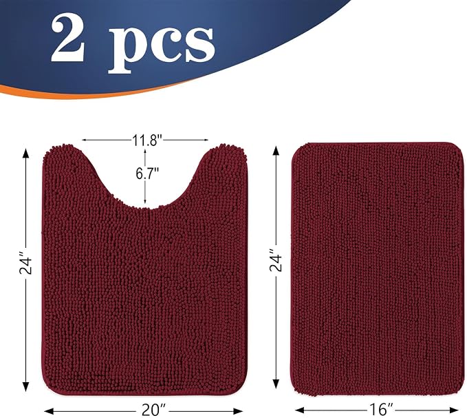 OLANLY Chenille Bathroom Rugs Mats Sets 2 Piece, 24"x16"+24"x20", Burgundy | Soft Absorbent Bath Mat and U-Shaped Contour Toilet Rug Set, Quick Dry, Machine Washable Bath Carpet, Home Decor Accessories