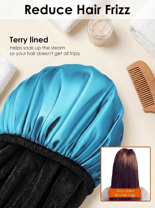 Aquior Shower Cap,Extra Large Triple Layer Bathing Cap with Dry Hair Function for Women Microfiber Terry Cloth Silky Satin 100% Waterproof Reusable Long Hair Bath Caps (Blue)