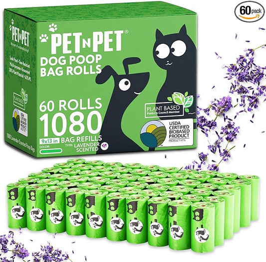 Pet N Pet Doggie Poop Bags, 1080 Count, Lavender Scented Waste Roll Refills | Green, Dogs, 41% Plant Based, 59% PE, Extra Thick, 9 x 13, Leak-Proof, Tear-Resistant, Easy-Tear Design, dog waste bags