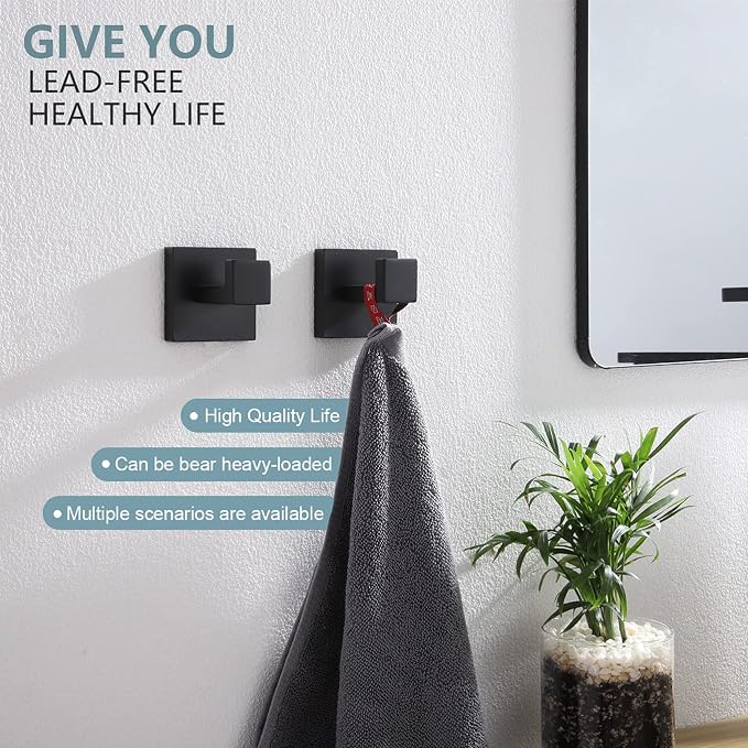 KOKOSIRI Bath Towel Hook Wall Mount Square Robe Hook Coat Hook, Bathroom Kitchen Garage Heavy Duty Wall Mounted, SUS 304 Stainless Steel, Matte Black, B1010BK-P2