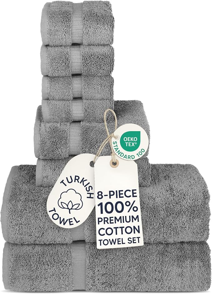 Chakir Turkish Linens 100% Cotton 8-Piece Towel Set, Gray | 100% cotton 8-pc set, OEKO-TEX certified: 2 bath 27x54, 2 hand 16x30, 4 washcloths 13x13