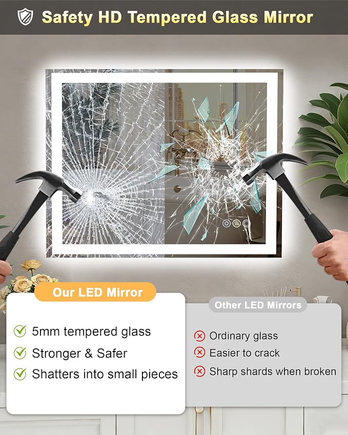36x36 LED Bathroom Mirror, 6000LM, Separate Front and Back Lights | Shatter-Resistant Tempered Glass,Auto-Off Defogger,3 Color Modes,Smooth Dimming,Smart Memory Setting