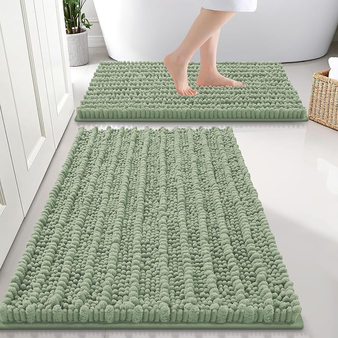 Smiry Bathroom Rugs Sets 2 Piece (30x20+24x16), Extra Soft Bath Mats | Sage Green Soft Absorbent, Rubber Backing Machine Washable Quick Dry Chenille Bath Rug Set for Tub, Shower, and Floor