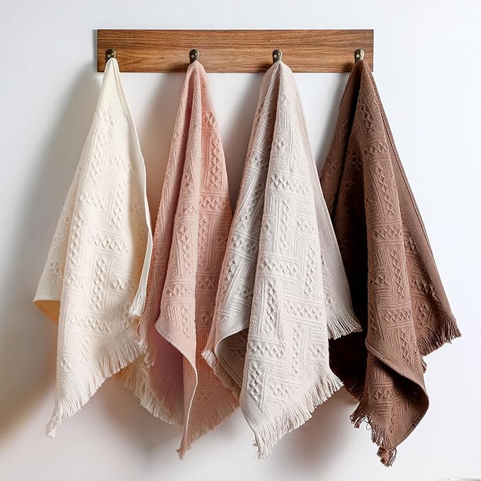 HunnmingRe 4 Pack Boho Hand Towel for Kitchen,Beige, Gray, Curry, Pink | 14x30 Inch, 100% Turkish Cotton, Summer Boho Decorative ,Towel Waffle ,Farmhouse Decor ,Absorbent Soft ,Guest Gift