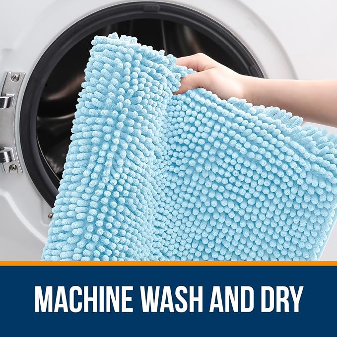 OLANLY Chenille Bathroom Rugs Mats Sets 2 Piece, 30"x20"+24"x20", Sky Blue | Soft Absorbent Bath Mat and U-Shaped Contour Toilet Rug Set, Quick Dry, Machine Washable Bath Carpet, Home Decor Accessories