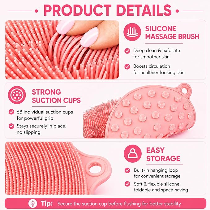 21.3" Silicone Foot & Back Scrubber Mat, Non-Slip Suction Cups Pink | Strong Suction Cups, Non-Slip,Large, Silicone, Easy-Clean, Hangable