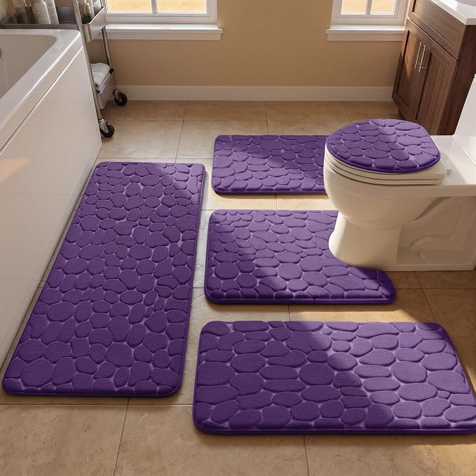 YIHOUSE Bathroom Rugs Mat Set, Memory Foam Bath Mat 5 Piece Purple | Non Slip, Water Absorbent, Washable, Bath Mat For Bathroom, Sink and Toilet