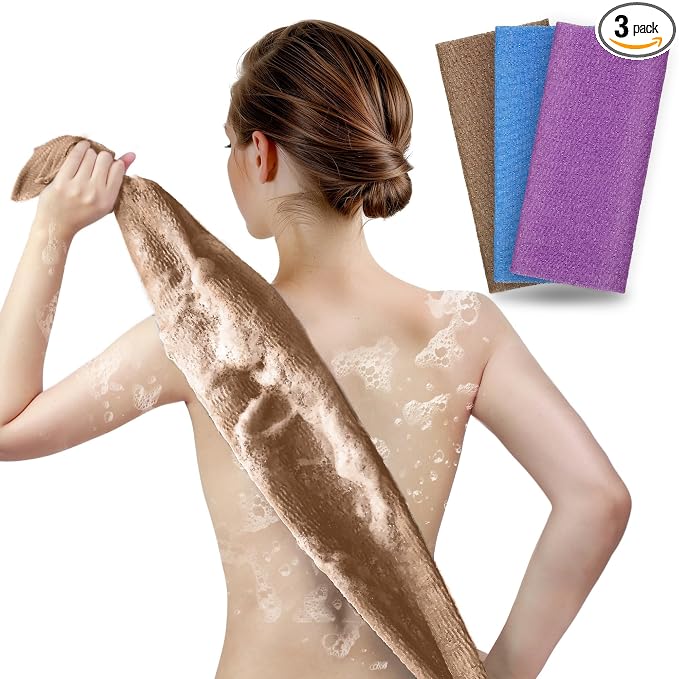 ARCH&M Exfoliating Towel 3-Pack, Nylon, Brown Purple Navy-Blue | Exfoliating Washcloth, 35-Inch, Japanese Washcloth, Deep Exfoliation, Daily Use, Glowing Silky-Smooth Skin