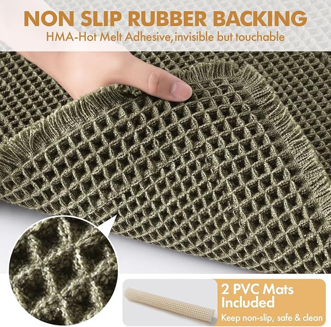 MIULEE Set of 2 Waffle Bathroom Rugs Bordered Mat Green 17"x24"+18"x30" | Non Slip, Super Absorbent, Washable, Ultra Soft, Rubber Backed Bath Rugs for Bathroom Floor Tub and Shower, Boho Decor