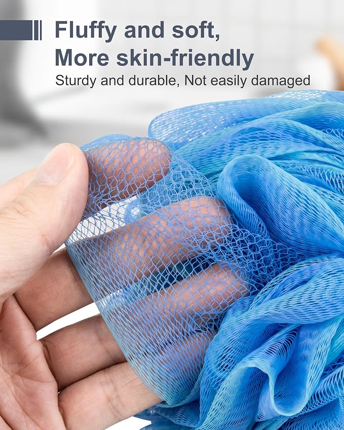 MTDLYICE Loofah Sponge, XXL Large Loofah 100g 4 Pack, Bath Sponge Soft Mesh Shower Loofah for Men, Body Scrub, Shower Pouf Bath Accessories, for Body Wash, Soap (Blue)
