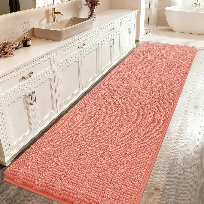 ACCUMTEK Extra Long Striped Coral Bathroom Rug Mat 70"x24" Ultra Soft, Non Slip Chenille Bath Rugs, Absorbent Plush Shaggy Bath Mats for Bathroom, Bedroom, Kitchen, Shower, Tub