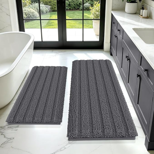Striped Grey Bathroom Rug Mat Set 2 piece 24"x17"+48"x20" Ultra Soft, Non Slip Chenille Bath Rugs, Absorbent Plush Shaggy Bath Mats for Bathroom, Bedroom, Kitchen, Shower, Tub,Dark Gray, Charcoal