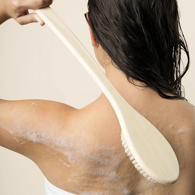 EcoTools Bath Bristle Brush, Back Scrubber for Shower with Long Handle | Smooth skin daily, body brush for showering with bamboo handle, vegan, cruelty-free, nylon bristles, back brush for shower
